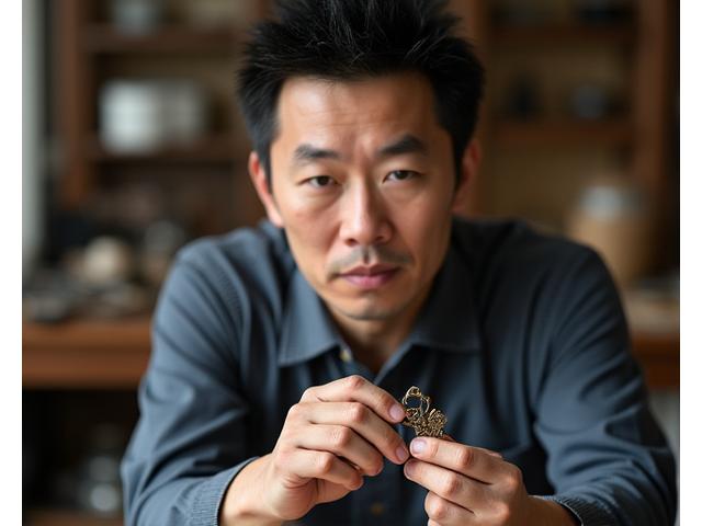 銀座アトリエの職人、佐藤健一のポートレート。静かで集中した眼差しで、彼の手元には未完成のジュエリーが光る。