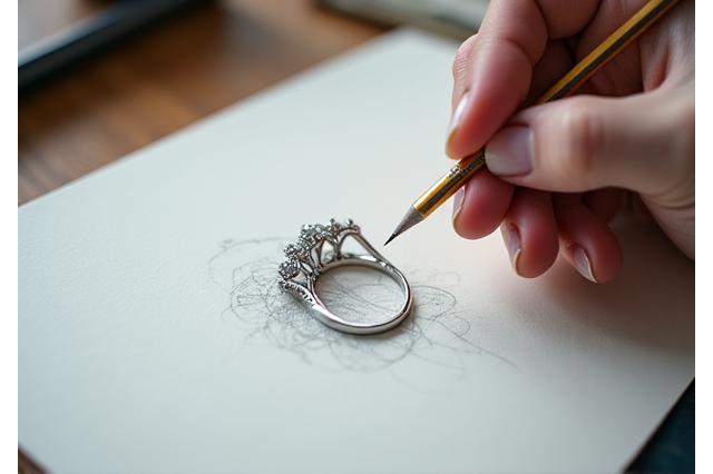 職人が繊細な鉛筆でジュエリーのデザインスケッチを描いている様子。緻密な線とアイデアが紙の上に具現化されている。