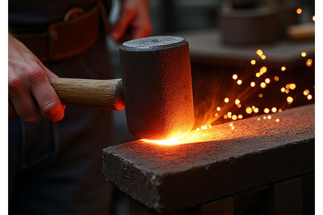 職人が灼熱の金属をハンマーで叩き、ジュエリーの形を創り出している様子。作業場の炎と金属の輝きが印象的。