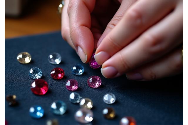 職人が様々な色合いと形の貴重な宝石を注意深く選んでいる様子。厳選された素材が机の上に並べられている。
