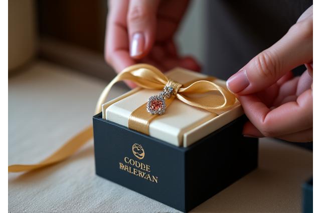 上品なジュエリーボックスに入れられた完成品が、リボンで装飾され、特別な顧客への準備が整っている様子。