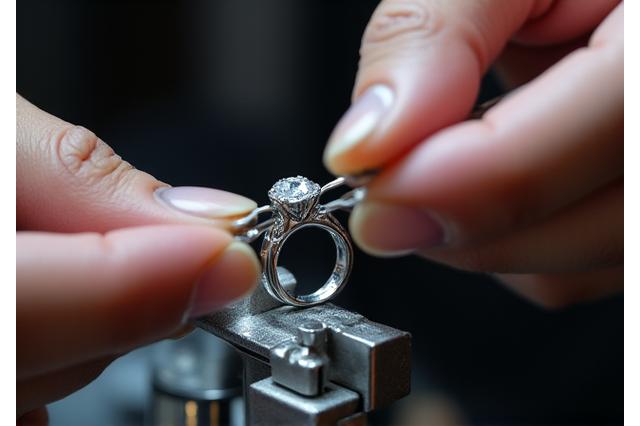 ベテランの職人が精密な道具を使い、小さなダイヤモンドをリングに留めている様子。集中した表情と繊細な手元が光る。